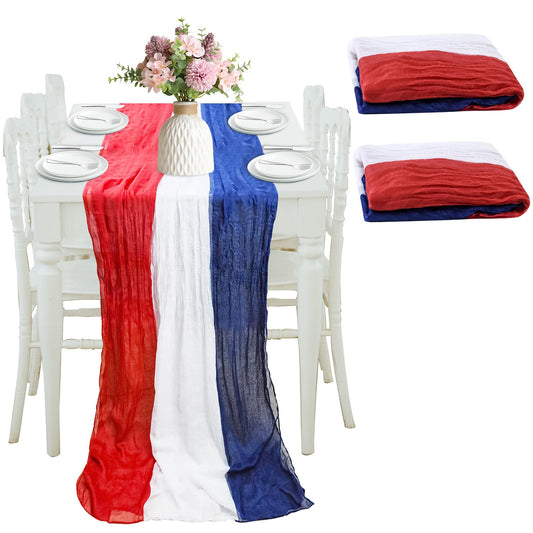 2PCS 4th of July Cheesecloth Table RunnerVintage Red White and Blue Table Runner for Memorial Day Labor Day Independence Day Veterans Day Patriotic Party Decoration for Dining Room Indoor Outdoor - Fallon Gifts