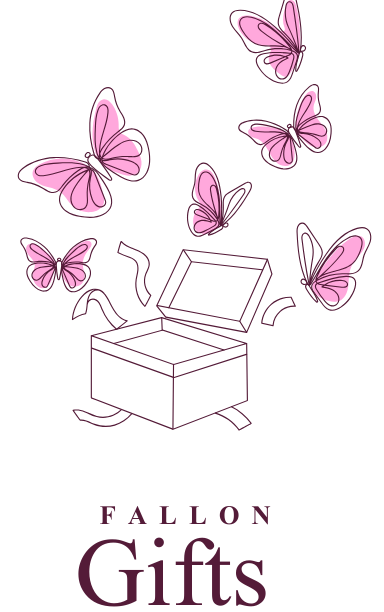 Illustration of an open gift box with pink butterflies and 'Fallon Gifts' branding on a white background.