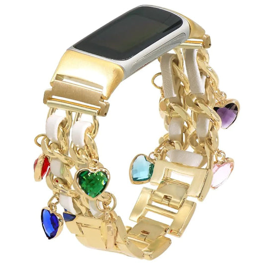 C&L Accessories Compatible with Fitbit Charge 6 Bands/Fitbit Charge 5 Bands for Women Metal Leather Bracelet Adjustable Replacement Bands Bangle Band with Charms (Gold/White/Hearts) - Fallon Gifts
