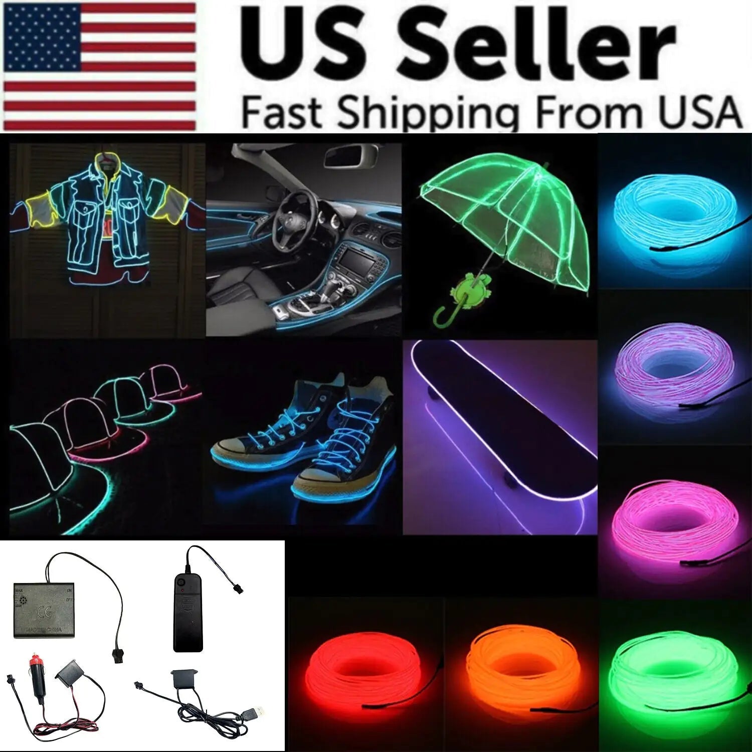 Neon LED Light Glow EL Wire String Strip Rope Tube Decor Car Party + Controller - Fallon Gifts