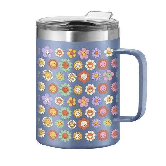 OGGI ThermoMug Stainless Steel Insulated Mug- Double Wall Vacuum Insulated w/Handle & Lid Coffee Cup Camping Mug Travel Thermos 14oz(420ml) Happy Flowers - Fallon Gifts
