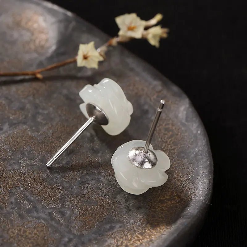 S925 Silver White Rose Jade Stud Earrings for Women - Fallon Gifts