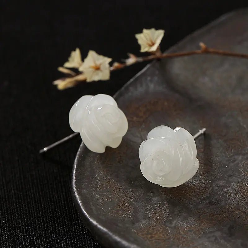 S925 Silver White Rose Jade Stud Earrings for Women - Fallon Gifts