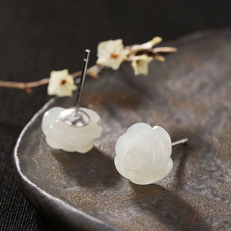 S925 Silver White Rose Jade Stud Earrings for Women - Fallon Gifts