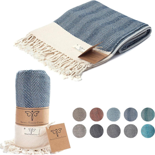 SMYRNA TURKISH COTTON Herringbone Series Large Throw Blanket 60 x 80 inches Large Outdoor Blankets for Couch Sofa Bed Chair Beach Picnic Travel Boho Turkish Blanket Throw Navy - Fallon Gifts