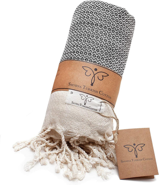 SMYRNA TURKISH COTTON Throw Blanket Vintage Series 50x60 inch Outdoor Blankets Throws and Blankets for Couch Sofa Bed Chair Beach Picnic Travel Boho Turkish Blanket Throw Dark Gray - Fallon Gifts